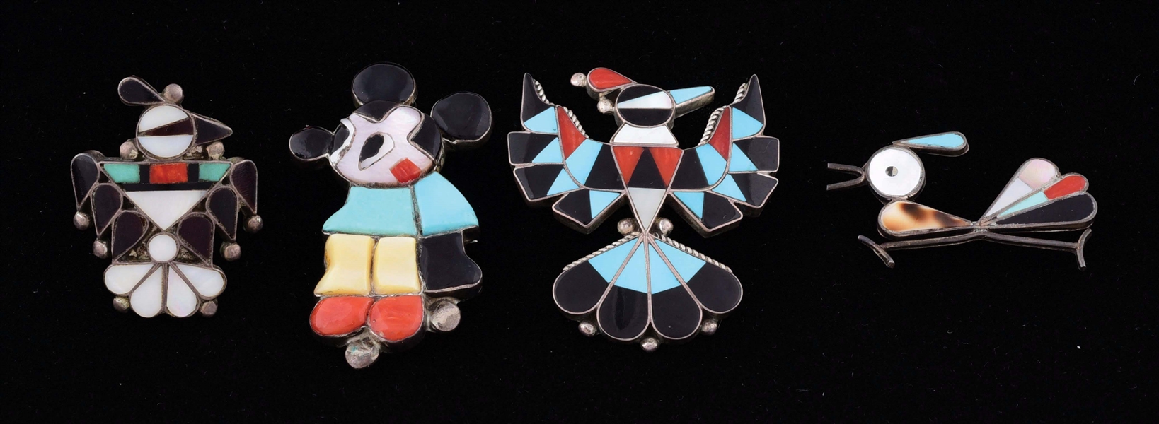 LOT OF 4: ZUNI STERLING SILVER MULTI-COLOR INLAIDED JEWELRY.
