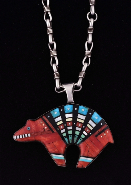 STYLE OF JESSE MONOGYA, NAVAJO, REVERSIBLE STERLING SILVER MOSAIC FINE INLAID BEAR NECKLACE.