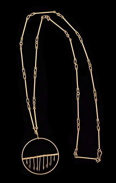 18K GOLD OSWALDO GUAYASAMIN ABSTRACT KINETIC NECKLACE, DOUBLE SIGNED.