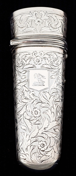 STERLING SILVER ETUI WITH SILVER CAPPED SCENT BOTTLE IN VELVET-LINED CASE.