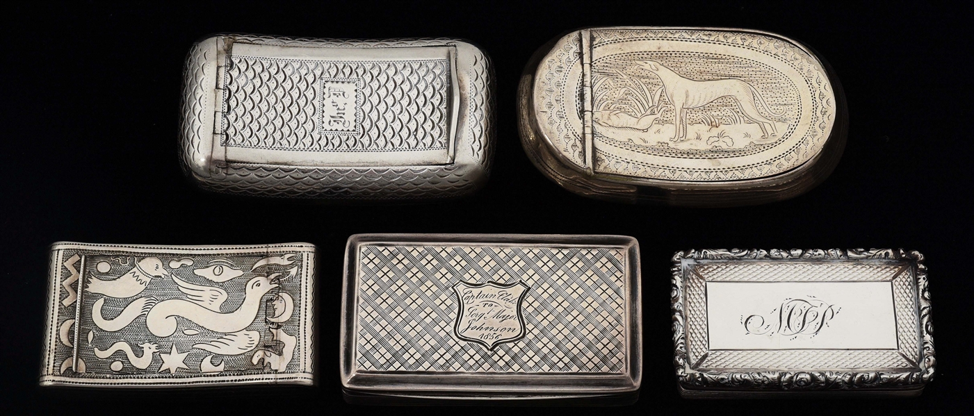 LOT OF 5: STERLING SILVER ENGLISH SNUFF BOXES EARLY 1800S.