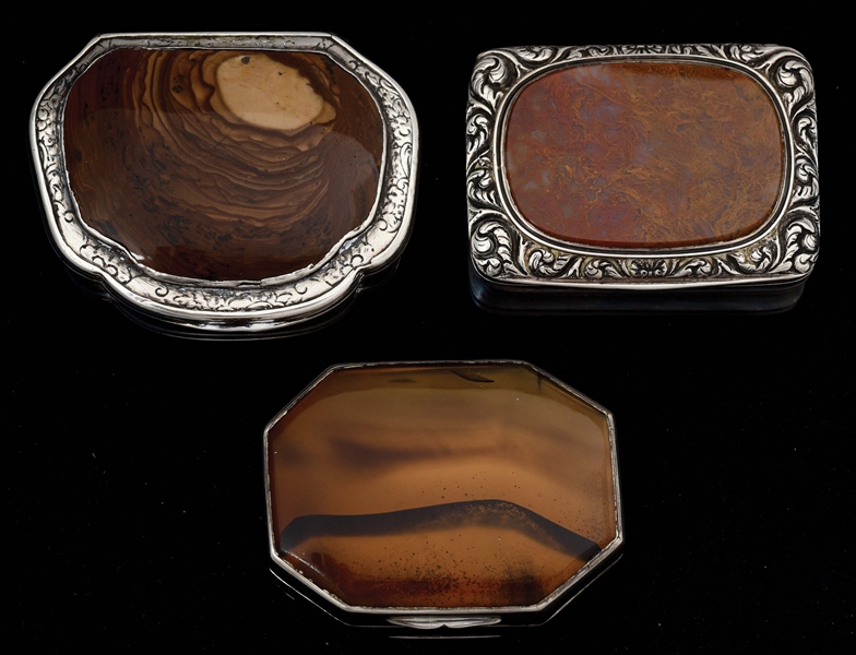 LOT OF 3: STERLING AND AGATE SNUFF BOXES EARLY 1800S.