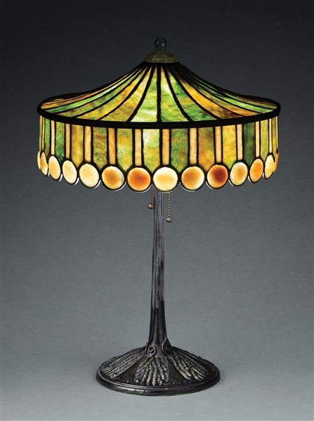 JOHN MORGAN AND SONS LEADED GLASS TABLE LAMP.