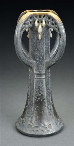 PAUL DACHSEL 4-HANDLED RETICULATED TOP VASE WITH TEARDROPS.
