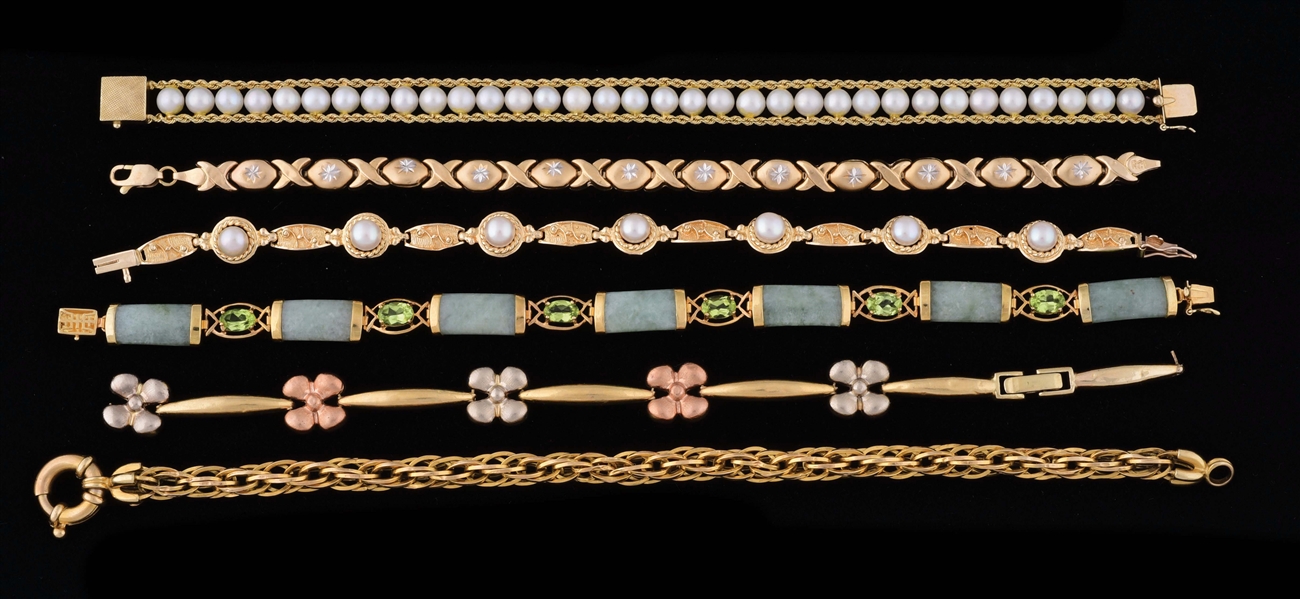 LOT OF 6: 10K AND 14K YELLOW GOLD BRACELETS.