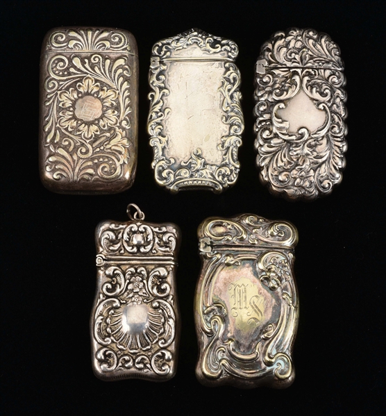LOT OF 5: SILVER PLATE MATCH SAFES.