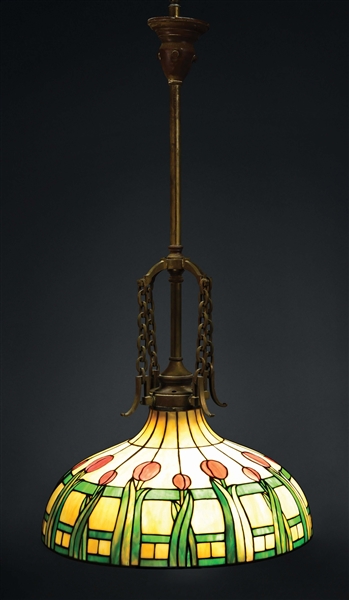 BRADLEY AND HUBBARD LEADED GLASS HANGING LAMP.