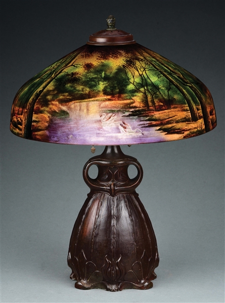 PITTSBURGH REVERSE PAINTED SWAN TABLE LAMP.