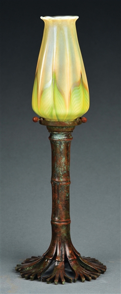 TIFFANY STUDIOS BAMBOO CANDLESTICK LAMP WITH FAVRILE SHADE.