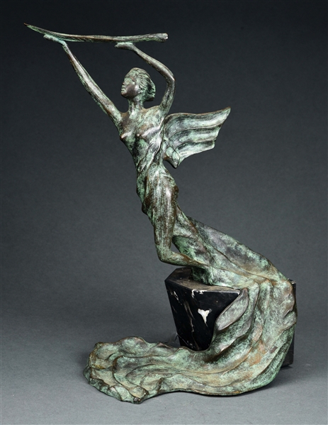 BRONZE SCULPTURE OF WINGED WOMAN.