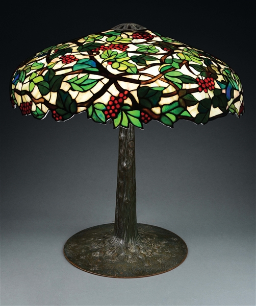 MONUMENTAL JOHN MORGAN AND SONS LEADED GLASS LAMP ON SUESS BASE.