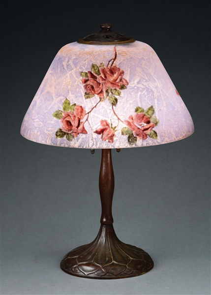 HANDEL REVERSE PAINTED BUTTERFLY AND ROSE TABLE LAMP.