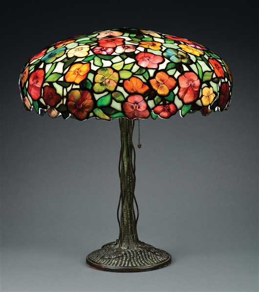 JOHN MORGAN AND SONS PANSY LEADED GLASS LAMP.