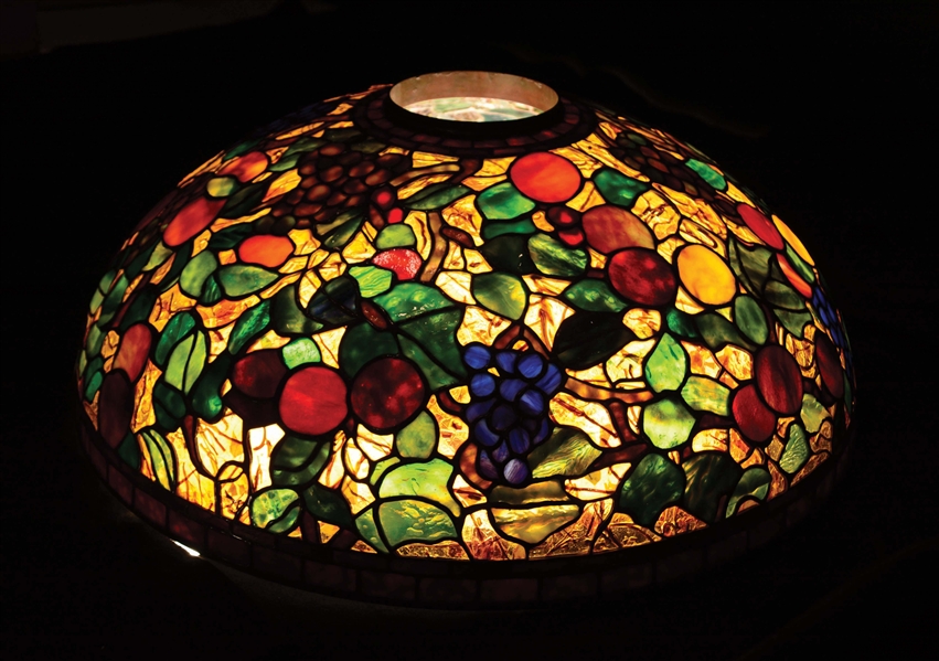 SCHLITZ LEADED GLASS FRUIT LAMP SHADE SIGNED TIFFANY STUDIOS.