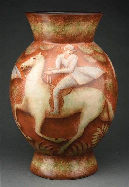 LARGE BOCH FRERES VASE WITH HORSES BY CHARLES CATTEAU.