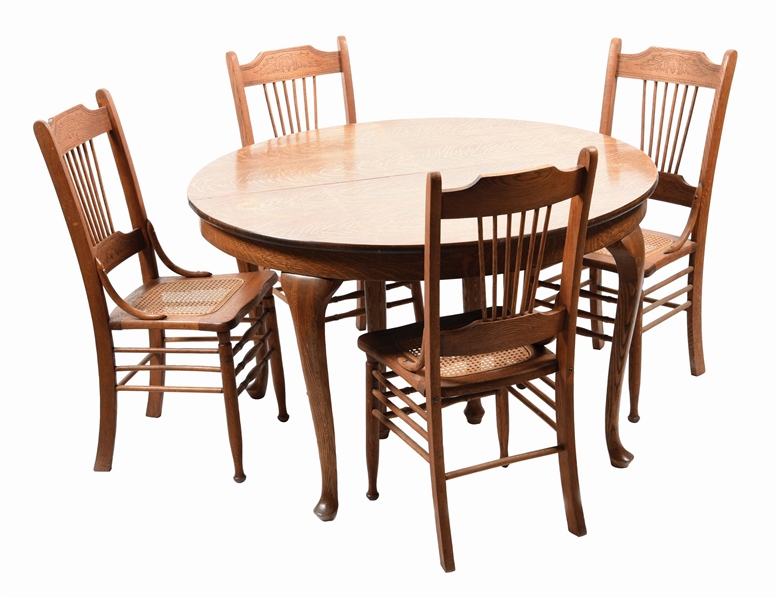 LOT OF 5: OAK TABLE AND 4 PRESSED BACK CHAIRS.