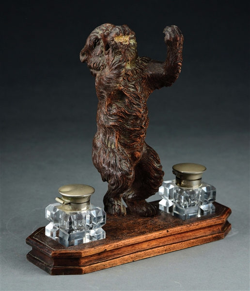 BLACK FOREST WOODEN BEAR DOUBLE INKWELL.