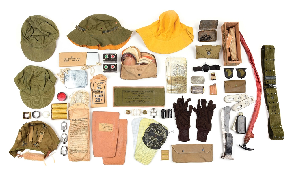 LARGE LOT OF US WWII FIELD GEAR, UNIFORM PIECES, AND SURVIVAL EQUIPMENT.
