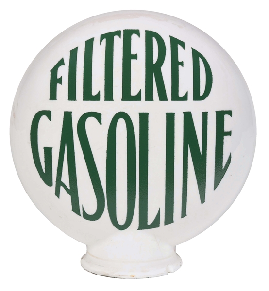 RARE FILTERED GASOLINE ONE PIECE ETCHED GENERIC GAS PUMP GLOBE.