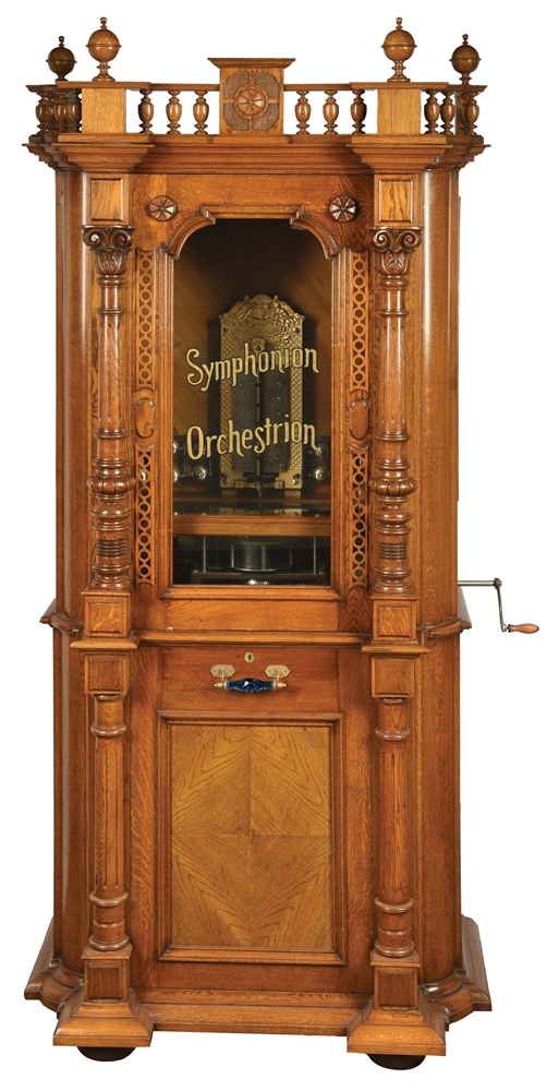 COIN-OPERATED SYMPHONION ORCHESTRION WITH BELLS AND STAND.
