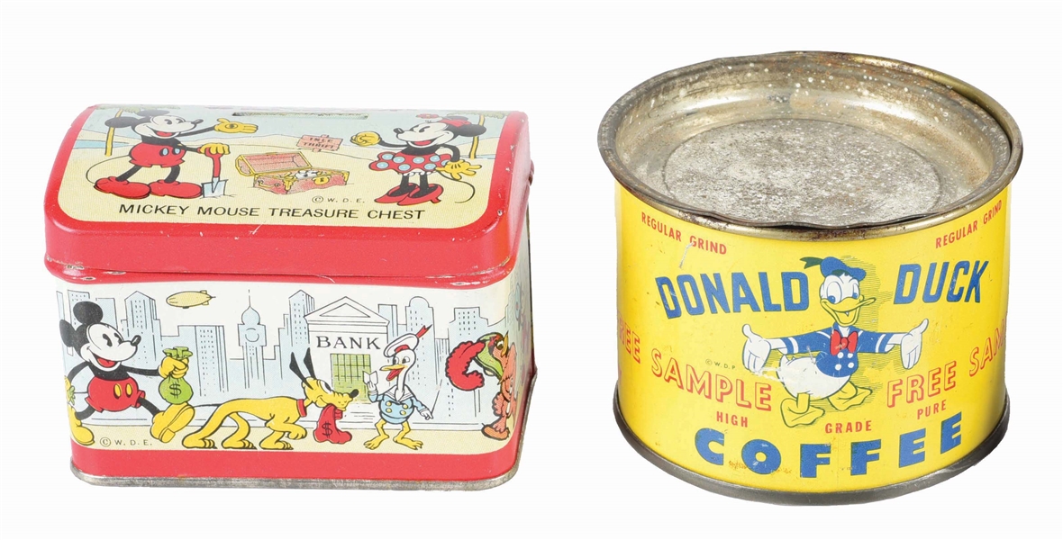 LOT OF 2: WALT DISNEY DONALD DUCK COFFEE TIN AND TOY SAFE DIME BANK.