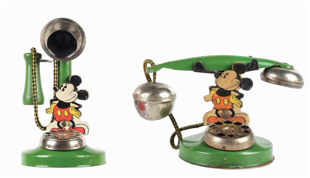 LOT OF 2: PRESSED STEEL AMERICAN MADE WALT DISNEY MICKEY MOUSE TOY PHONES.