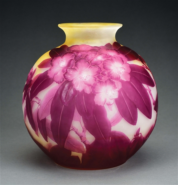 GALLÉ MOULD BLOWN CAMEO GLASS "RHODODENDRON" VASE.