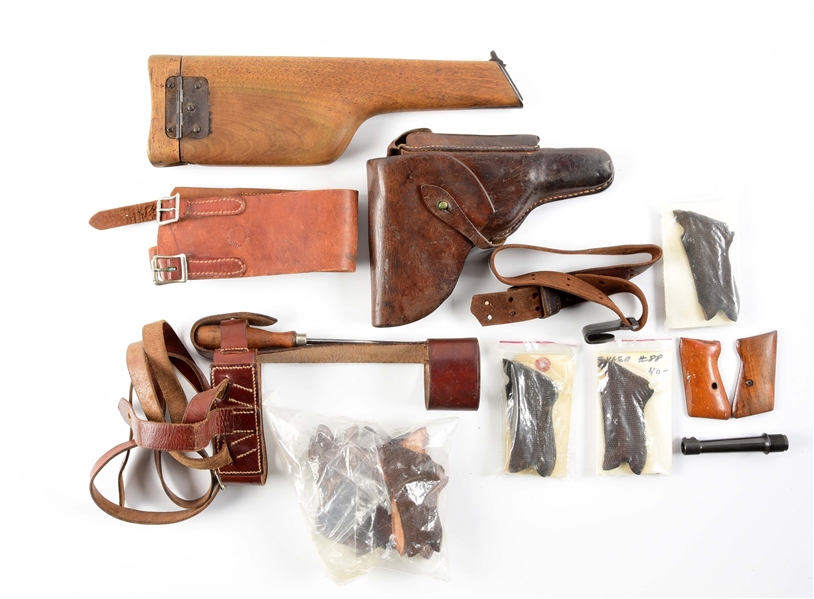 LOT OF HOLSTERS, LUGER PARTS. 