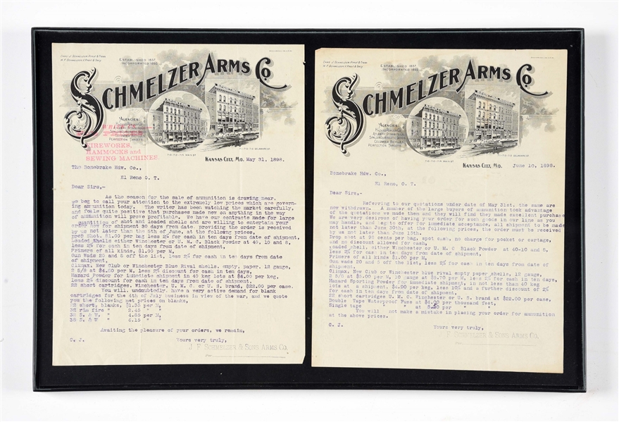 LOT OF 2: 2 FRAMED SCHMELZER ARMS CO. LETTERS, DATED 1898.