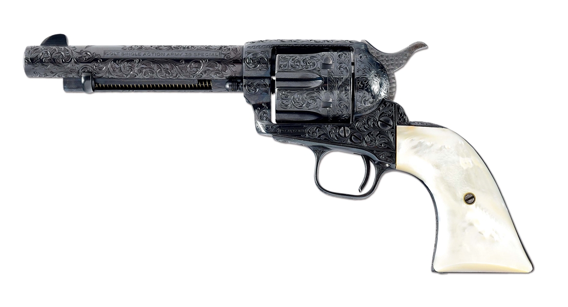 (A) ENGRAVED BLACK POWDER FRAME COLT WITH .38 SPECIAL BARREL AND MOTHER OF PEARL GRIPS.