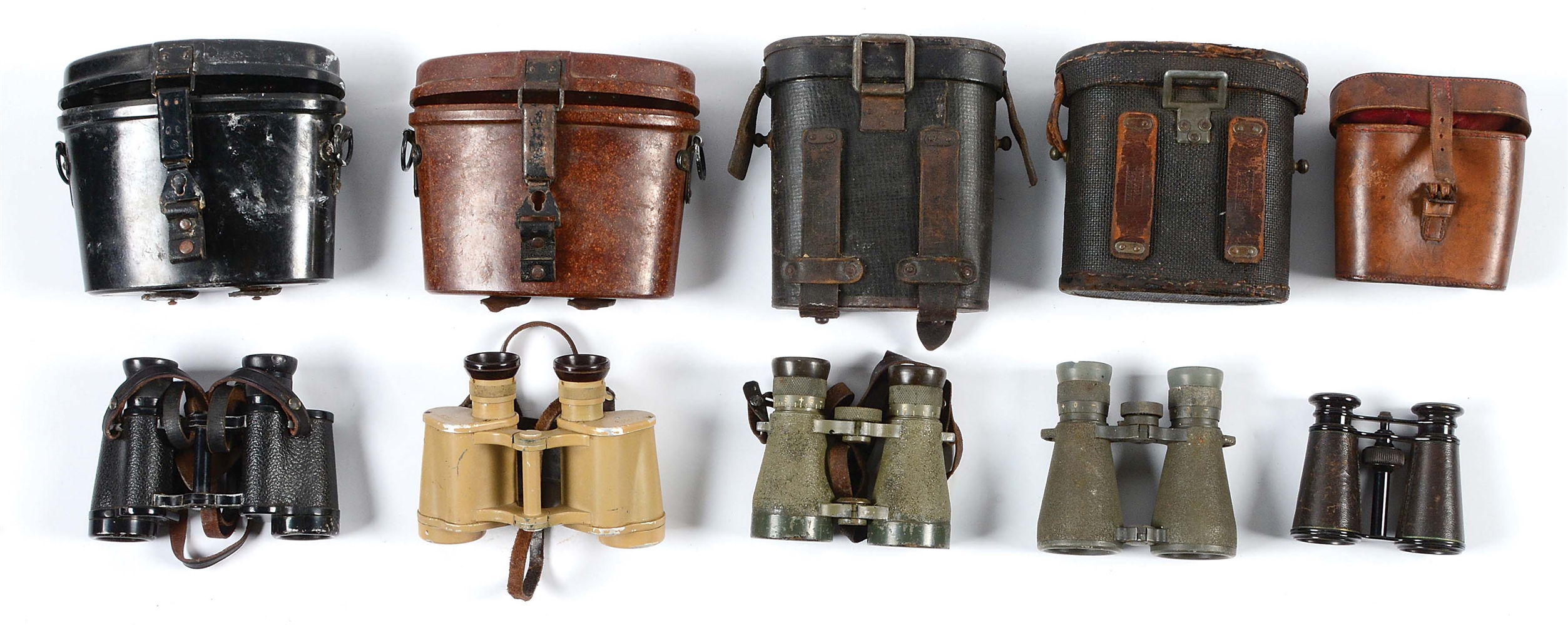 LOT OF 5: GERMAN WWI AND WWII CASED BINOCULARS.