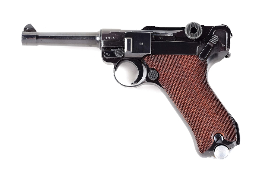 (C) EXCEPTIONAL AND MATCHING MAUSER BANNER "1939" DATED "EAGLE/C" POLICE LUGER SEMI-AUTOMATIC PISTOL WITH HOLSTER AND SPARE MATCHING MAGAZINE.