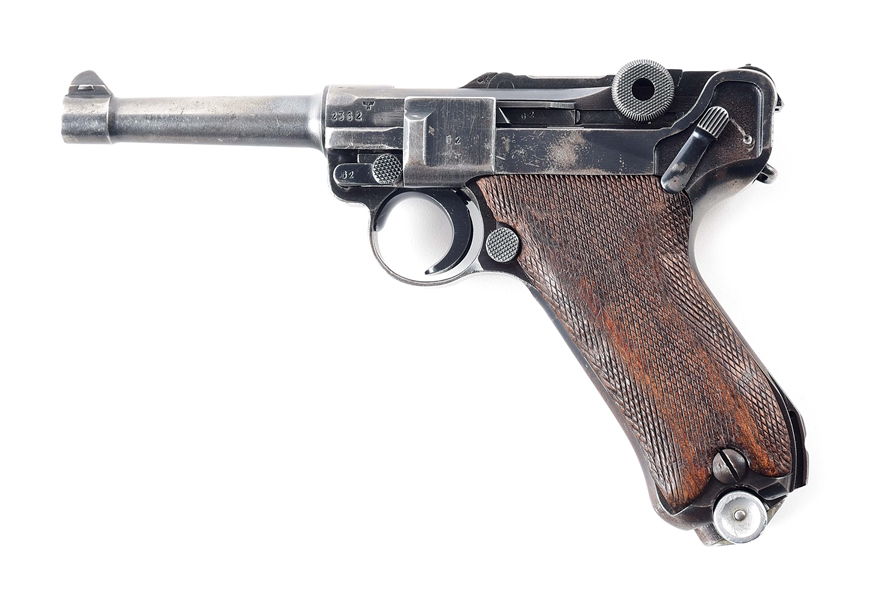 (C) GERMAN MAUSER BANNER 1942 DATE POLICE P.08 LUGER SEMI-AUTOMATIC PISTOL.