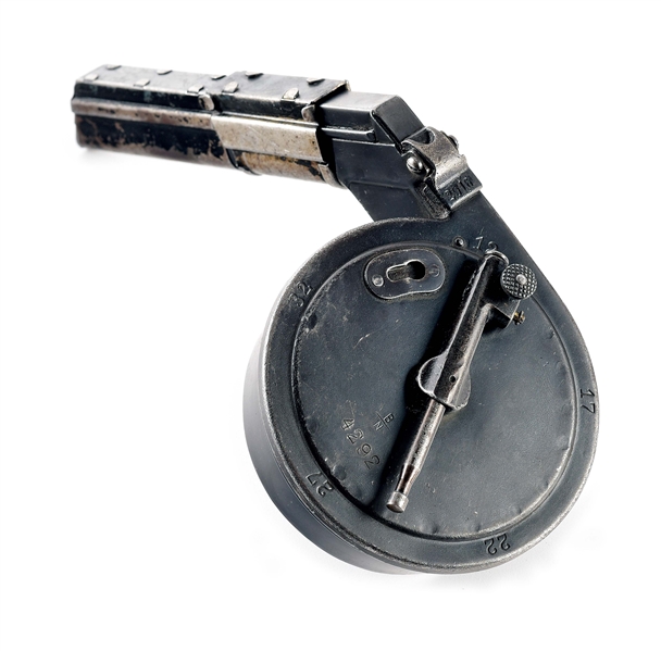 FIRST MODEL LUGER SNAIL DRUM MAGAZINE, DUST COVER, M-18 ADAPTER, AND REPRODUCTION MAGAZINE POUCH.
