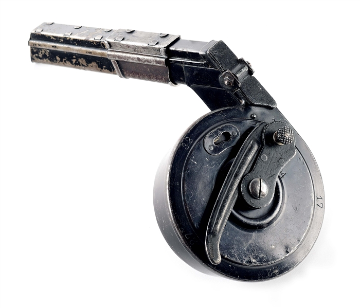 SECOND MODEL LUGER SNAIL DRUM MAGAZINE WITH MP-18 ADAPTER AND DUST COVER.