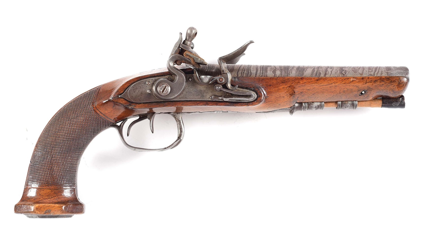 (A) A CONTINENTAL, LIKELY BELGIAN, DOUBLE BARREL HOWDAH OR OFFICERS FLINTLOCK PISTOL, IN AN UNUSUALLY SMALL BORE.