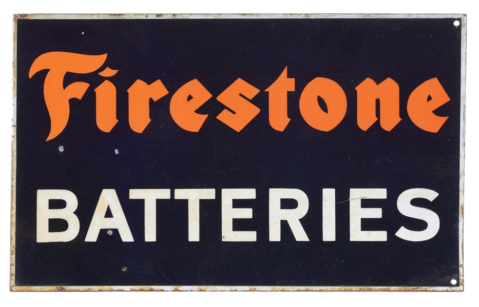 FIRESTONE BATTERIES PORCELAIN SERVICE STATION FLANGE SIGN.