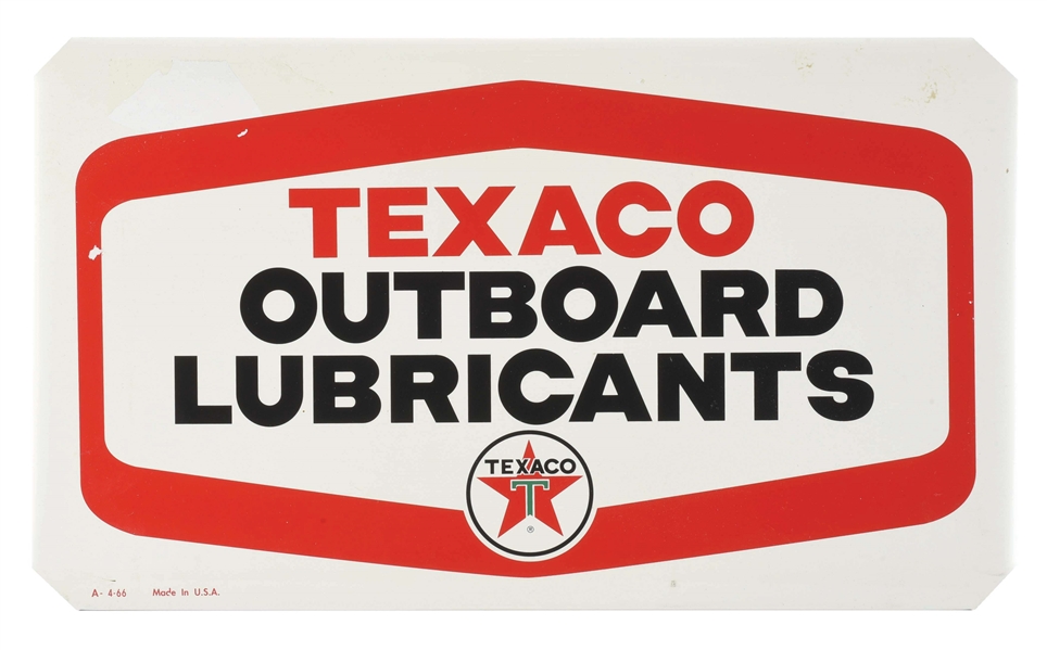 TEXACO OUTBOARD LUBRICANTS TIN SIGN W/ ROLLED OUTER EDGE. 