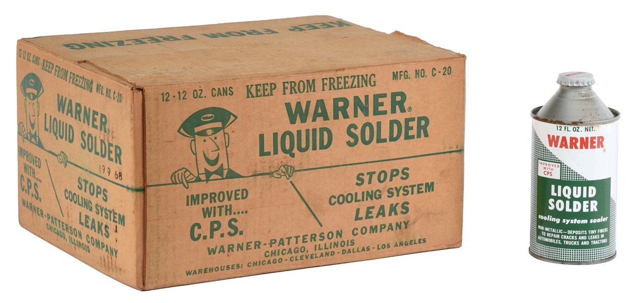 NEW OLD STOCK BOX OF TWELVE WARNER LIQUID SOLDER CONE TOP CANS.