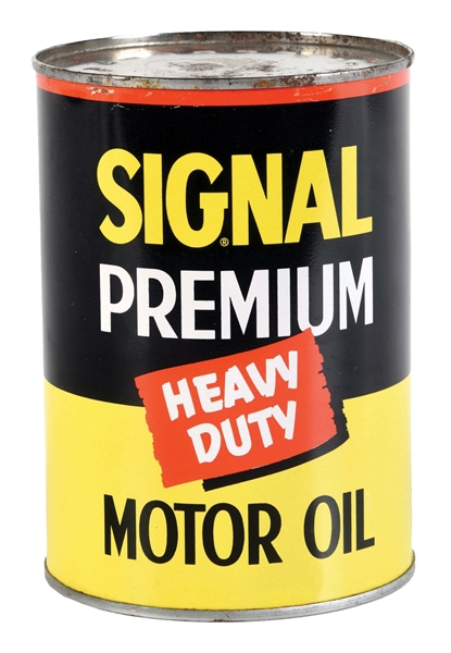 SIGNAL PREMIUM HEAVY DUTY ONE QUART MOTOR OIL CAN W/ STOP LIGHT GRAPHIC. 