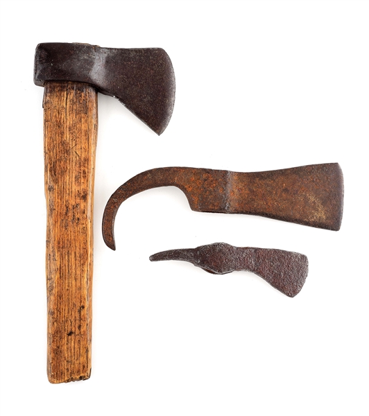 LOT OF 3: 18TH CENTURY BELT AXE AND TOMAHAWK HEADS.