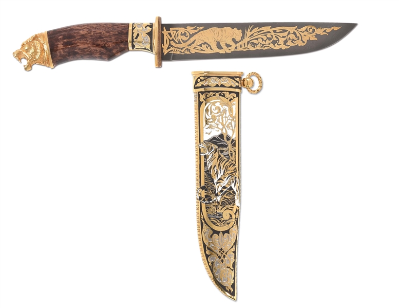 GOLD INLAID ZLATOUST TIGER KNIFE WITH SHEATH AND CASE.