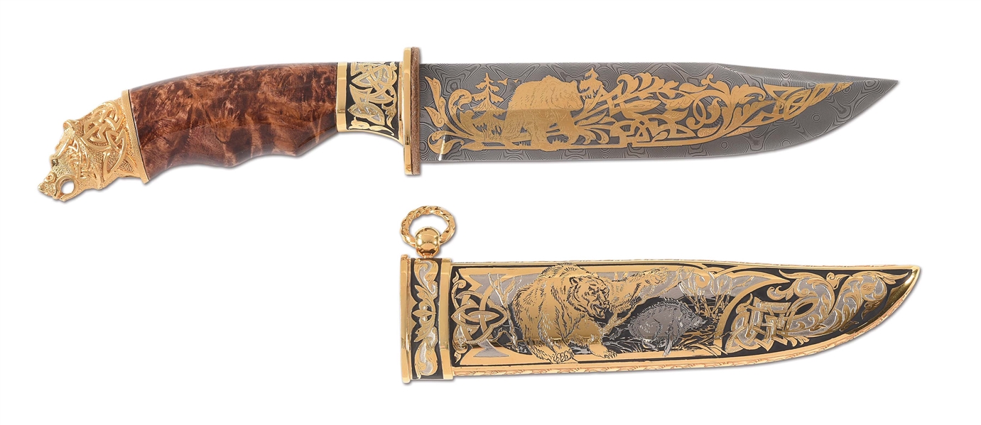 GOLD INLAID ZLATOUST GRIZZLY BEAR KNIFE WITH SHEATH AND CASE.