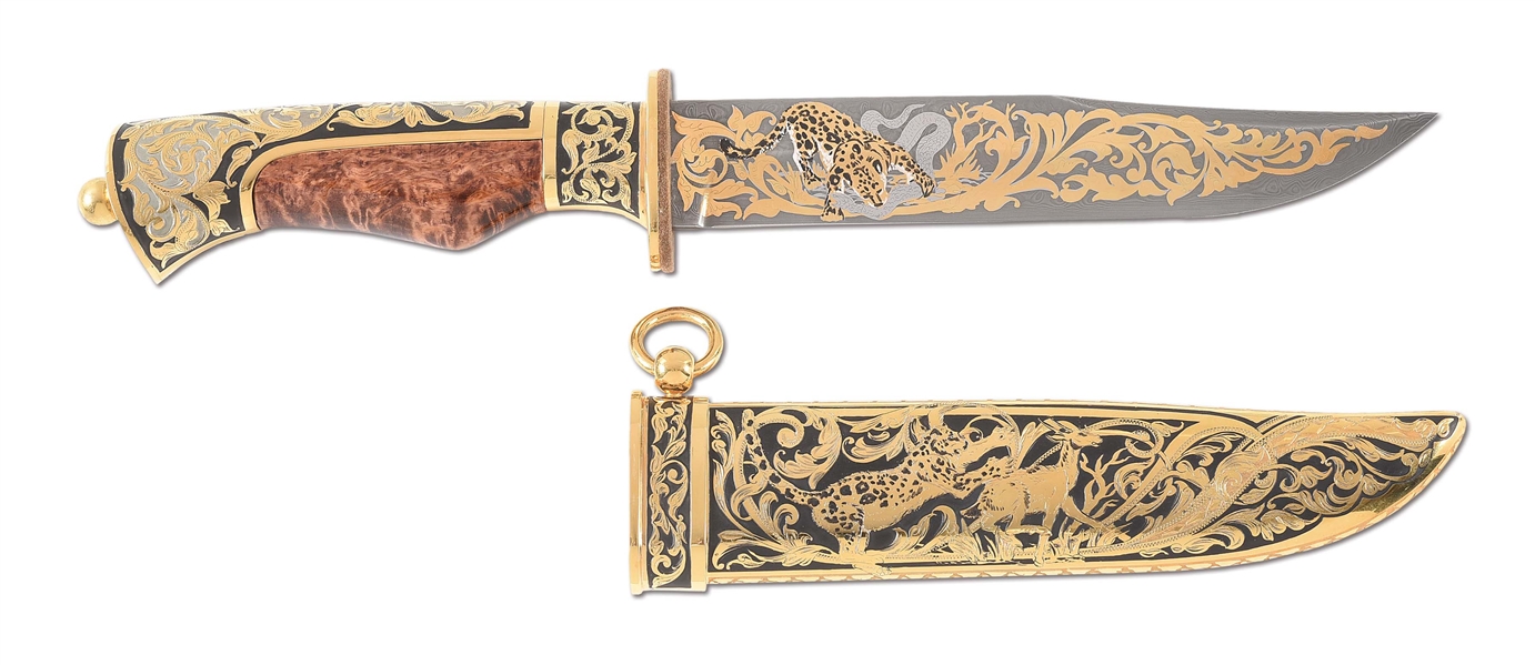 GOLD INLAID ZLATOUST LEOPARD KNIFE WITH SHEATH AND CASE.