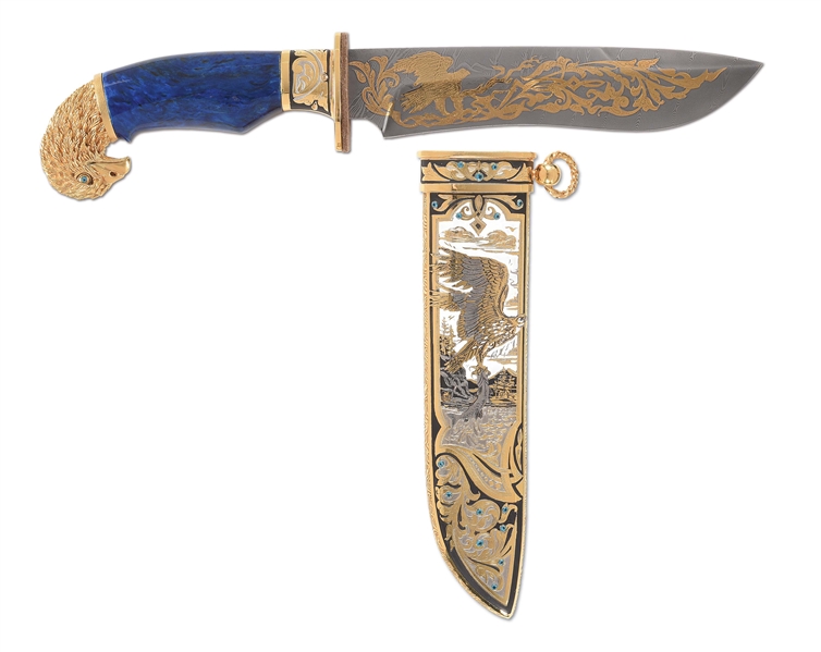 GOLD AND STONE INLAID ZLATOUST HAWK KNIFE WITH SHEATH AND CASE.