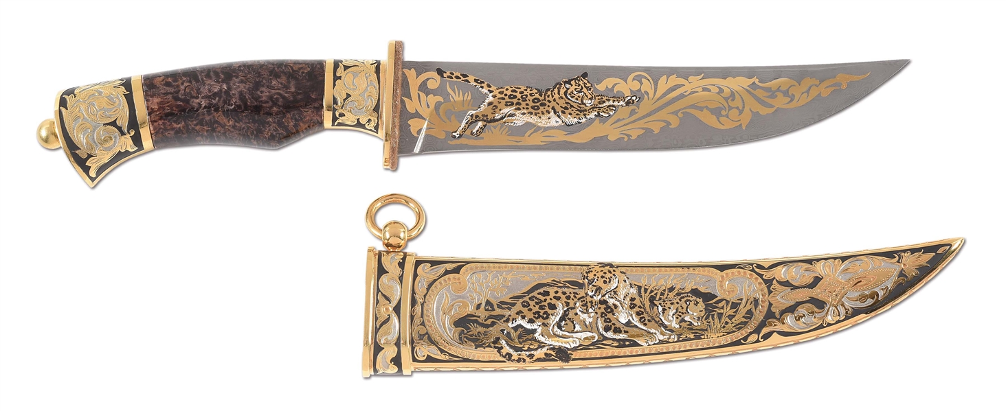 GOLD INLAID ZLATOUST LEOPARD KNIFE WITH SHEATH AND CASE.