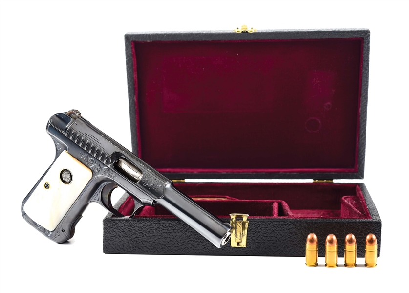 (C) FACTORY ENGRAVED SAVAGE MODEL 1907 SEMI-AUTOMATIC HANDGUN, CASED, WITH PEARL GRIPS, EX-BROWER COLLECTION.