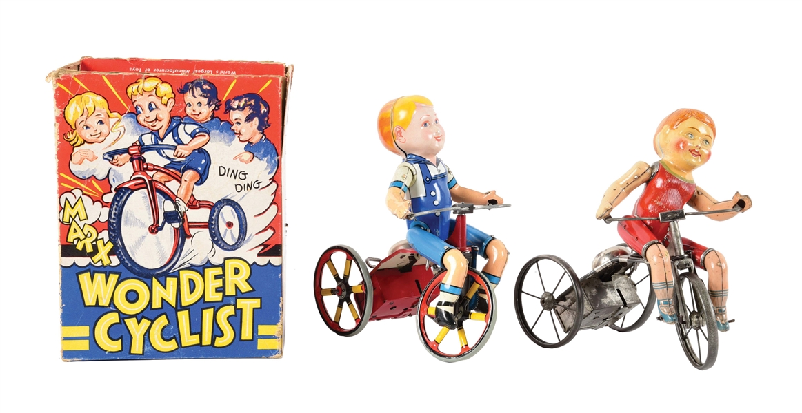 LOT OF 2: MARX AND UNIQUE ART TIN LITHO WIND-UP WONDER CYCLISTS.