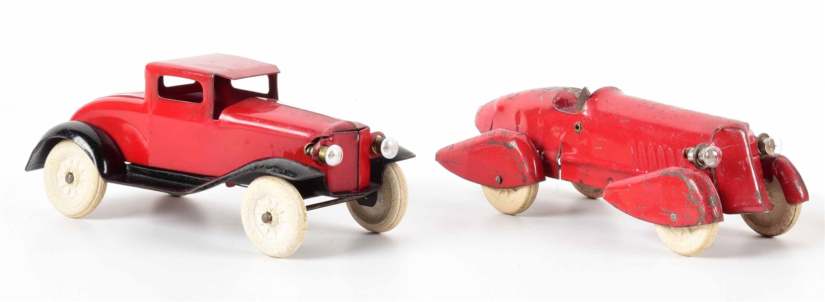 LOT OF 2: AMERICAN MADE PRESSED STEEL AND WOODEN TOY AUTOMOBILES.