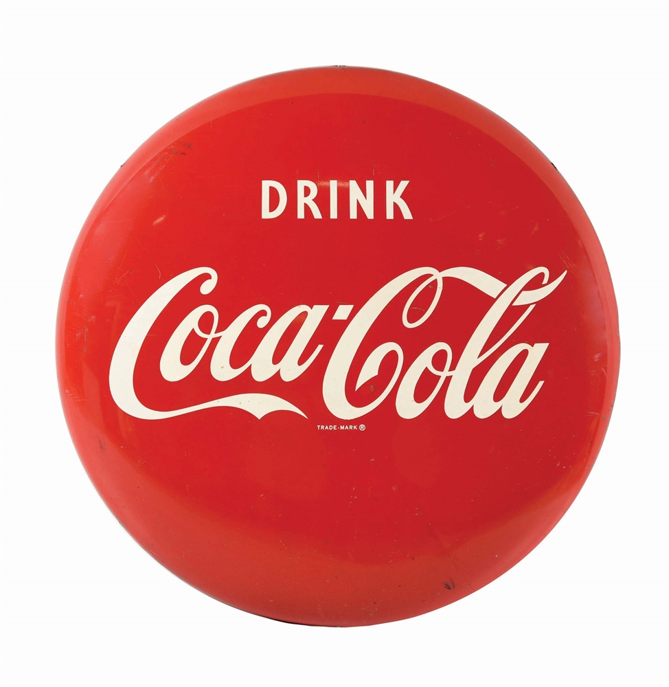 36" PAINTED METAL DRINK COCA-COLA BUTTON SIGN.